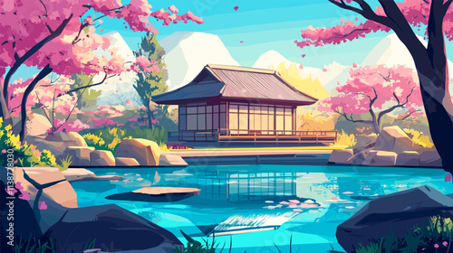 Sakura park. Cherry blossom in japanese garden, water pond or lake with asian chalet house, falling pink petals bloom trees and stone rocks cartoon landscape vector illustration
