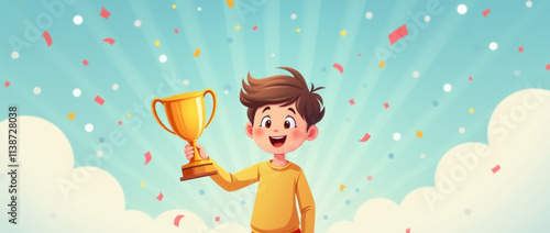 Child with a golden trophy in his hand. Beautiful sky background with clouds and confetti. Child winner. Vector illustration