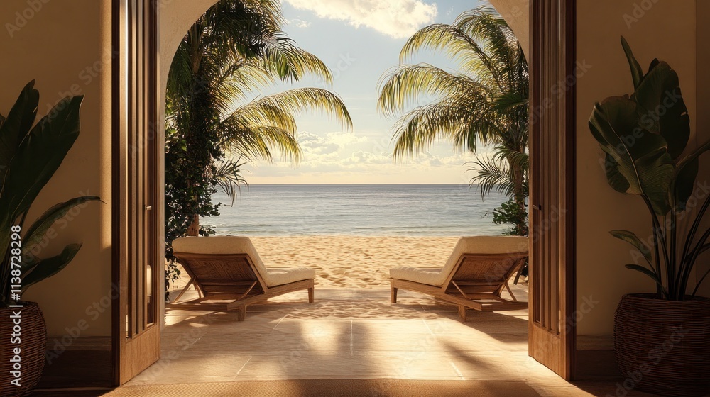 Fototapeta premium Tropical beach view from doorway.