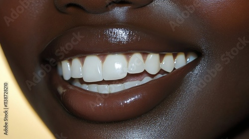 Close up of smiling individual with bright white teeth and dark skin in warm ...