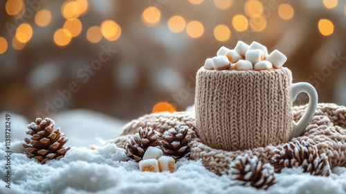 Comforting hot beverage with marshmallows on a snowy surface during winter su...