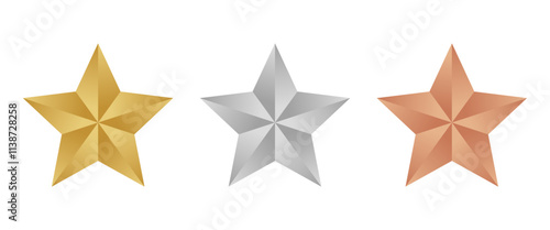 Realistic gold silver bronze stars vector set. Gold star award, golden, silver and bronze illustration