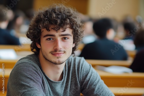 Student listens to a lecture in large auditorium