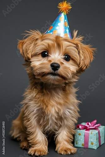 Happy dog celebrates birthday with festive hat and colorful decorations around