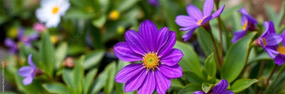 Obraz premium Close up view of delicate purple flower petals and lush green leaves, lush, outdoor