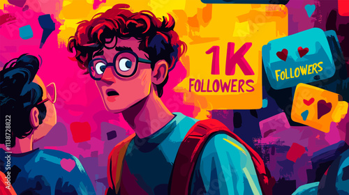 Thousand subscribers banner. 1k followers cartoon poster template for social media post or video channel, subscriber like congratulation celebrate fan follow vector illustration