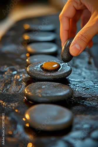 Hand arranging smooth stones on a wet surface for relaxation or meditation ac...