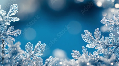 Frosty snowflakes delicately surround a tranquil blue background highlighting...