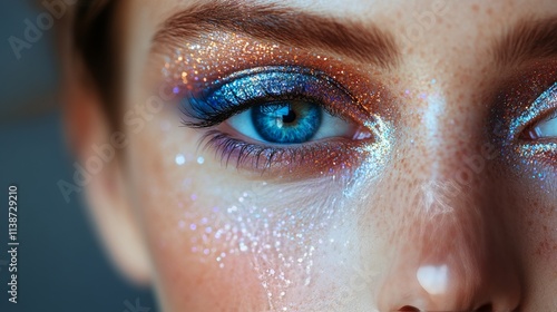 Stunning portrait of a young woman showcasing vibrant makeup and shimmering c...