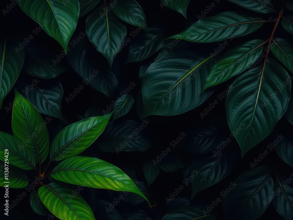 Dark pattern with exotic leaves in a tropical jungle setting, dark tones, leaves Dark pattern with exotic leaves in a tropical jungle setting, dark tones, leaves