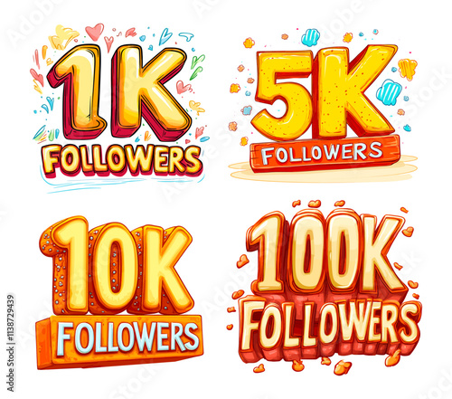 Thousands followers signs. 1k subscribers cartoon icons stickers set, 5k 10k 100k follower number congratulation subscriber celebration social media template vector illustration
