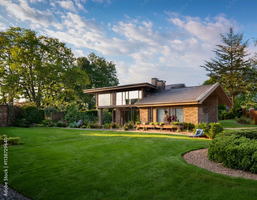 a house surrounded by a lush green lawn a house surrounded by a lush green lawn