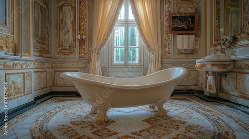 Elegant bathroom design with a modern freestanding tub and gold accents