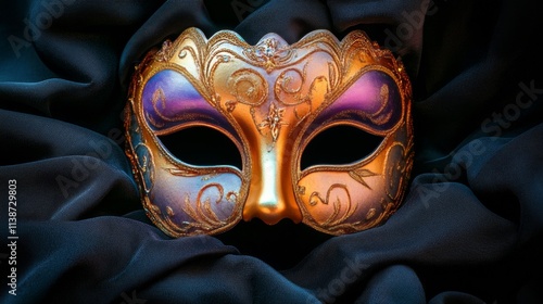 Intricate golden mask adorned with purple and black fabrics at a festive cele...