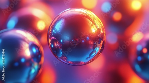 Colorful reflective spheres illuminated by vibrant light in a dynamic arrange...