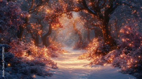 Winter sunset illuminating a snowy forest landscape with falling snowflakes