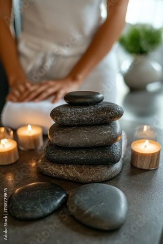 Hand arranging smooth stones on a wet surface for relaxation or meditation ac...