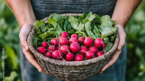 Hands holding a basket of freshly harvested potatoes in a lush garden setting