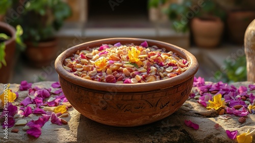 Savoring a delicious dish of beef stew with vegetables in a rustic bowl on a ...