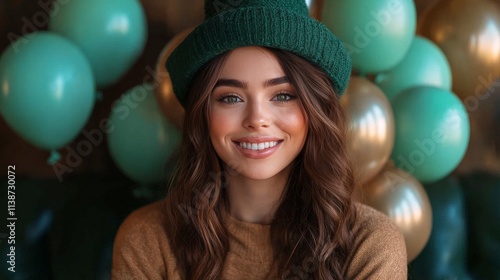 Smiling woman with green hat and balloons celebrating Saint Patricks Day fest...