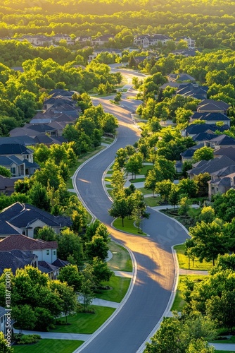 Lush suburban homes nestled among trees in a winding neighborhood at sunset
