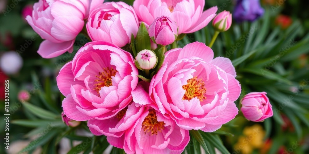 Fresh bunch of pink peonies and roses arranged beautifully with copy space, spring, garden Fresh bunch of pink peonies and roses arranged beautifully with copy space, spring, garden