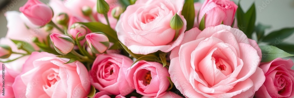 Fresh bunch of pink peonies and roses with copy space on white background, fresh, feminine Fresh bunch of pink peonies and roses with copy space on white background, fresh, feminine