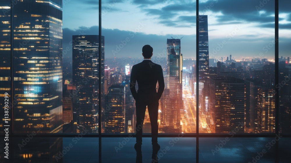 Fototapeta premium Businessman viewing city skyline at night from skyscraper office.