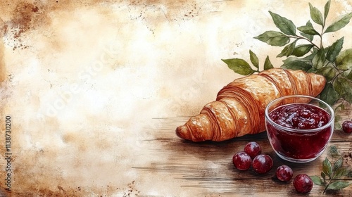 Breakfast setup with croissant, berries, and jam on rustic wooden table