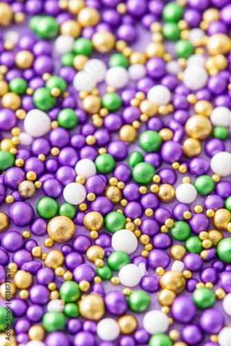Close-up view of vibrant purple, green, and gold sprinkles on sweet icing showcasing texture and color perfect for festive celebrations