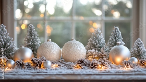 Holiday decor with snowy trees and ornaments in a festive winter background