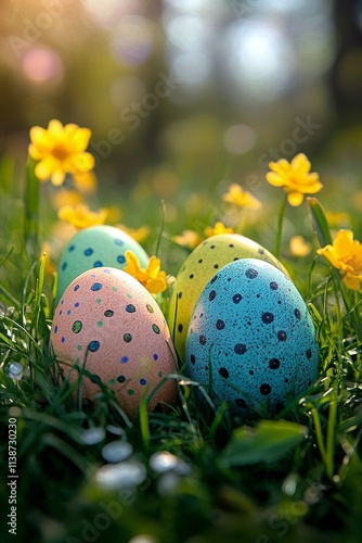 Colorful decorated eggs spread across green grass during a spring celebration
