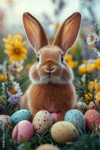 Cute rabbit surrounded by colorful Easter eggs in a flower filled meadow duri...