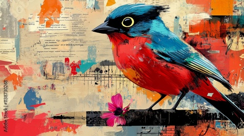 Colorful bird perched against a vibrant abstract background with artistic tex...