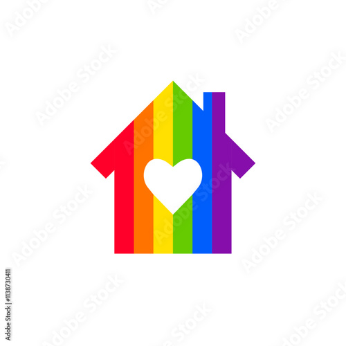 House made of rainbow flag as LGBT friendly home concept. Colorful residential building icon with roof, chimney and heart shape symbol. Vector illustration isolated on white background.