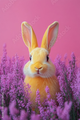 Rabbit among colorful flowers in a vibrant spring garden
