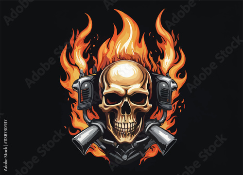 Biker vector t-shirt design with human skull
and fire on black background.
Fashionable print for fabric, paper, men clothing,
hoodie, biker jacket. T shirt template with flame.