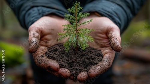 Hands holding a small evergreen tree seedling with soil in a forest setting