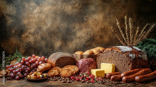 Assortment of fresh baked bread with butter, sausage, and grains on a wooden ...