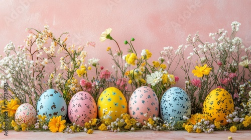 Cute bunnies and colorful eggs in a playful spring setting with a pastel back...