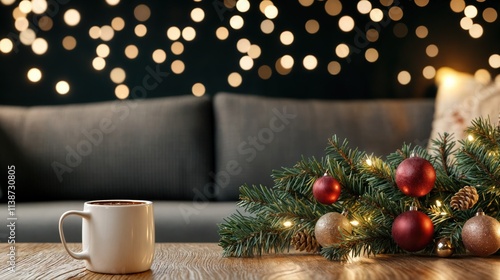 Wallpaper Mural Christmas decor with coffee mug, red and gold ornaments, pine branches, and blurred glowing festive lights in cozy living room
 Torontodigital.ca