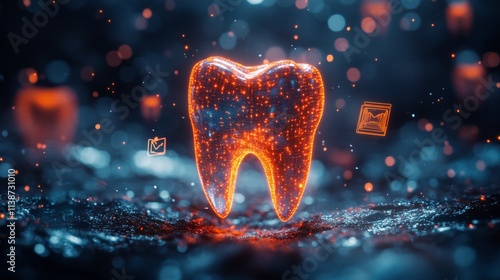 Bright glowing tooth symbol amidst digital elements in a futuristic setting