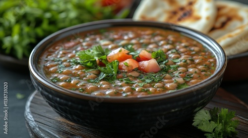 Flavorful traditional dish served with fresh herbs and bread on a wooden table