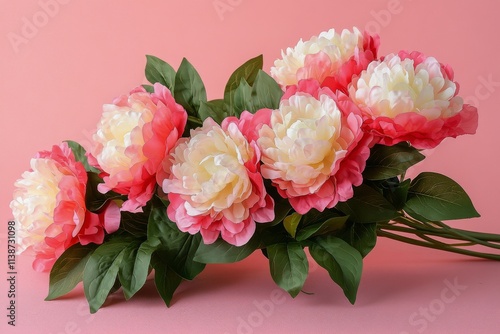 Colorful peonies arranged on a pink background showcasing their beauty and di...