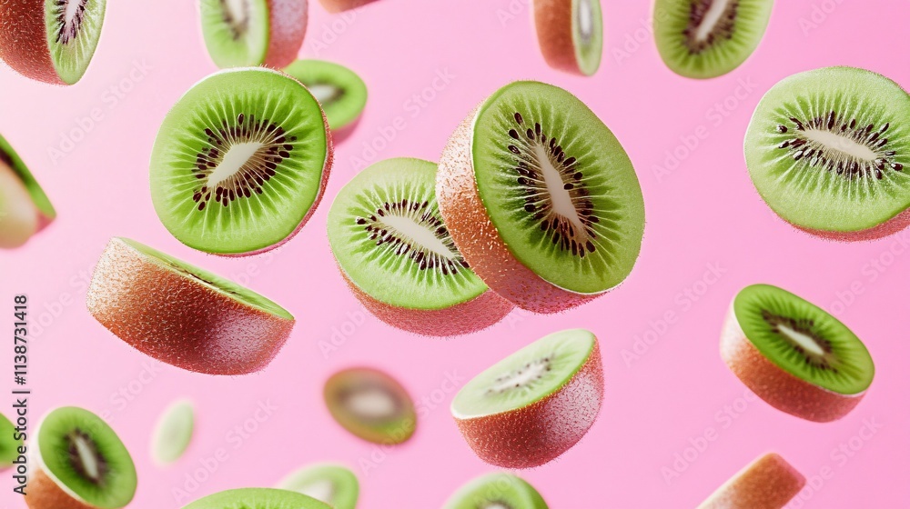 Fototapeta premium Slices of kiwi fruit falling against a pink background