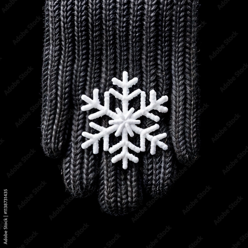 White snowflake decoration resting on black knitted glove against a dark black background