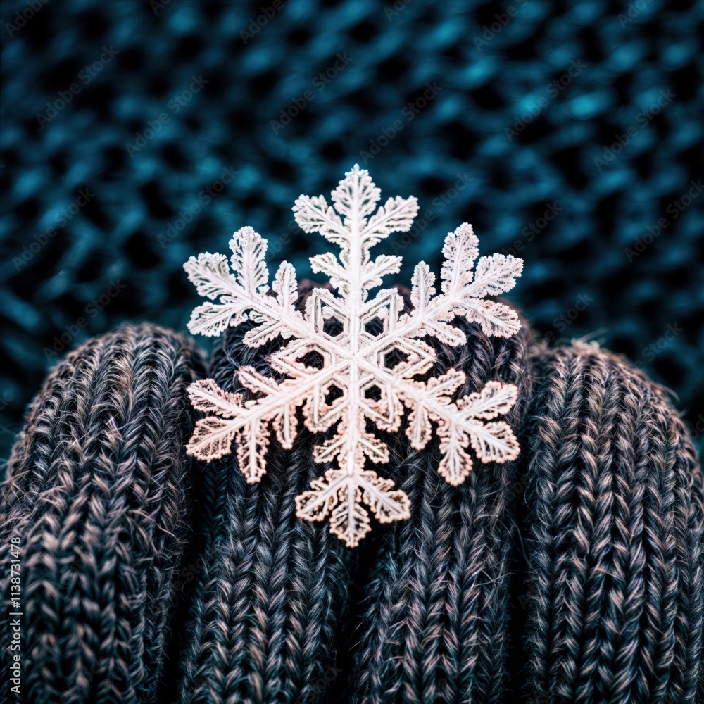 Ornamental snowflake on cozy knitted glove with textured blue winter background
