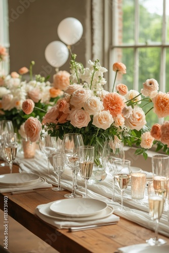 Elegant floral table setting for a celebration in a well lit indoor space