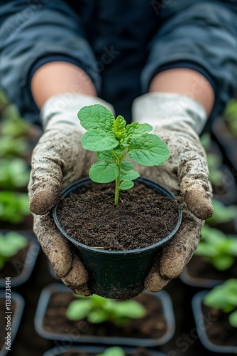 Planting a young seedling gently into fertile soil at a garden in springtime