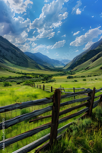 Stunning Landscape with Wooden Fence Dividing Lush Field and Rugged Mountains Under Clear Sky